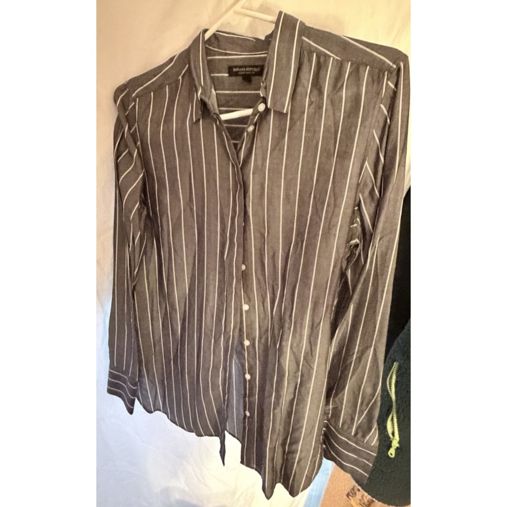 Banana Republic Shirt Woman Medium Gray Stripe Parker Tunic Fit Button Up